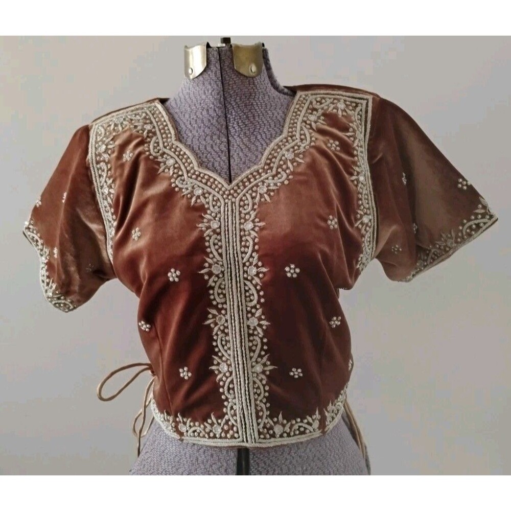 Indian Velvet Embroidered Choli Blouse Beaded Brown Bridal/Festive Ethnic New M